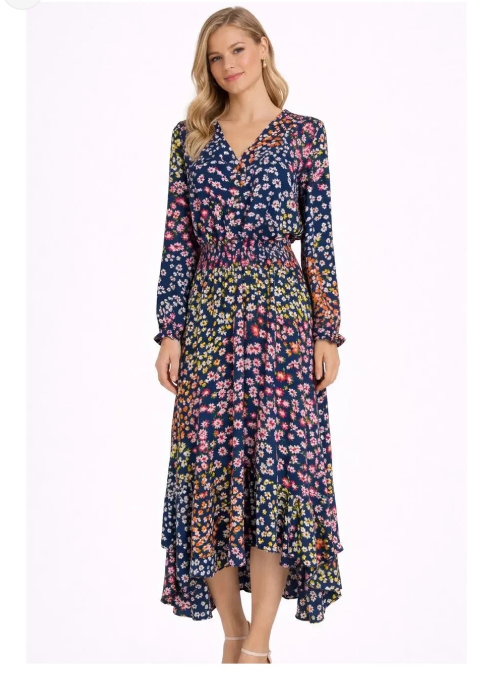 Nanette Lepore Navy Floral V-Neck High-Low Dress